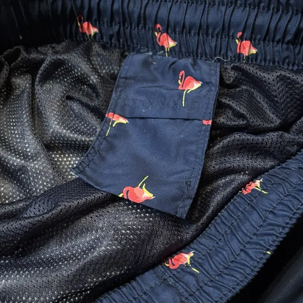 Old Navy Flamingo Print Navy Blue Lined Swim Trunks Drawstring Men's Size Small